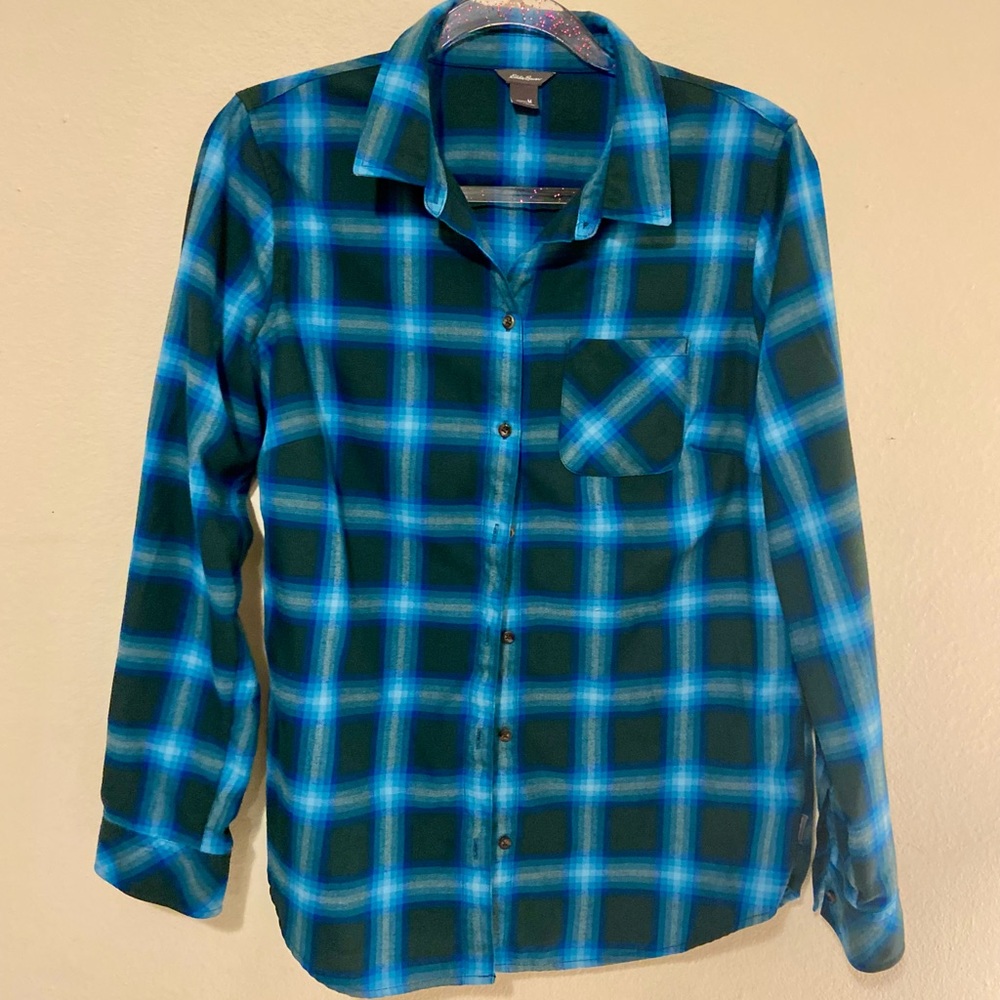 Eddie Bauer Blue Green Flannel Plaid Button Up Women’s Medium